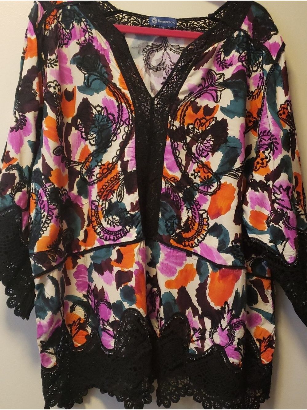 Democracy Embroidered Lace-Trim V-Neck Tunic in Purple, Orange, Teal & Black